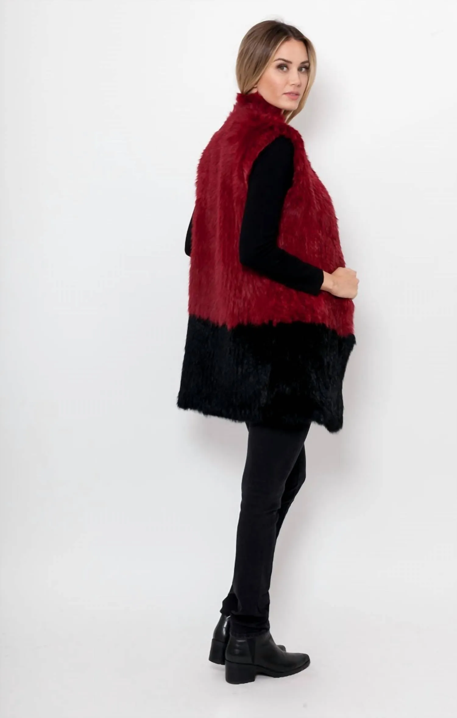 Alexa Fur Vest In Wine/black