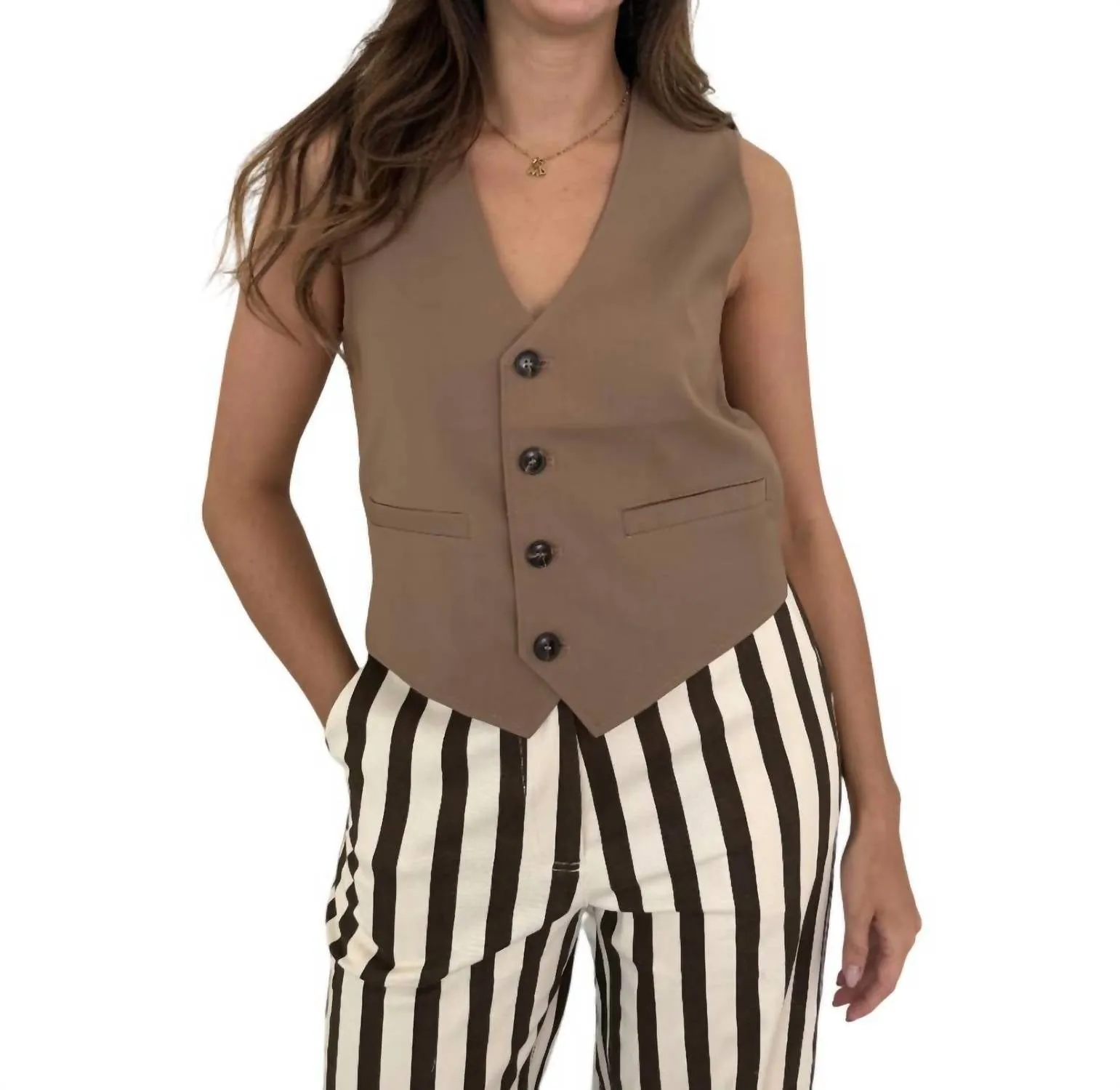 Alix Suit Vest Buttoned Top In Khaki