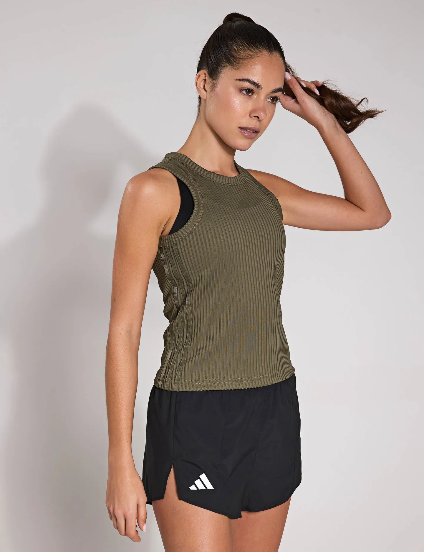 All Gym Seasonal Rib Tight Fit Tonal 3-Stripes Tank Top - Olive Strata