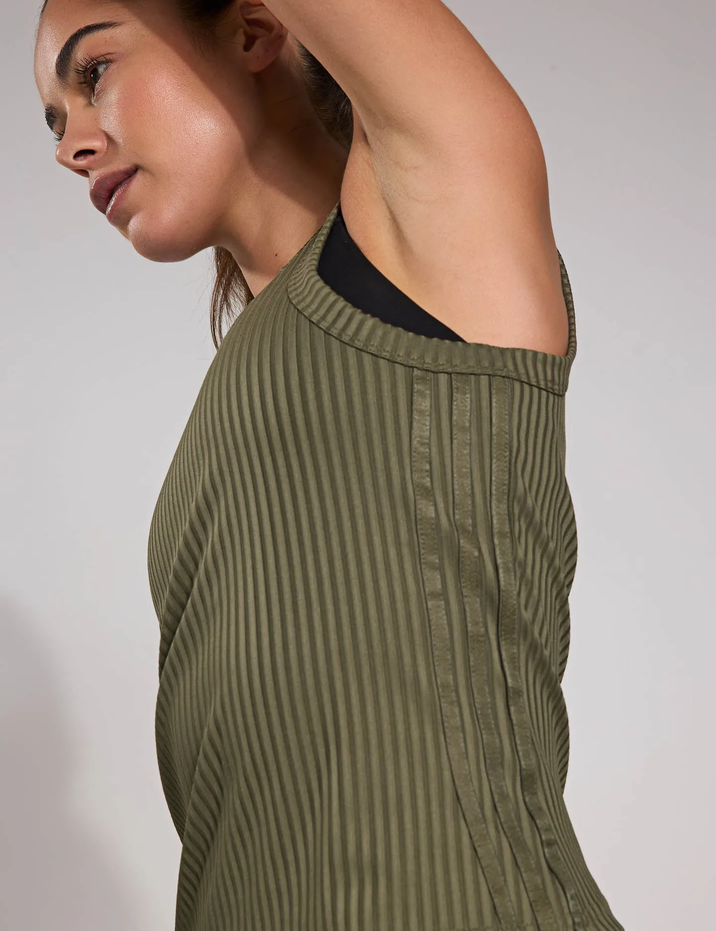 All Gym Seasonal Rib Tight Fit Tonal 3-Stripes Tank Top - Olive Strata