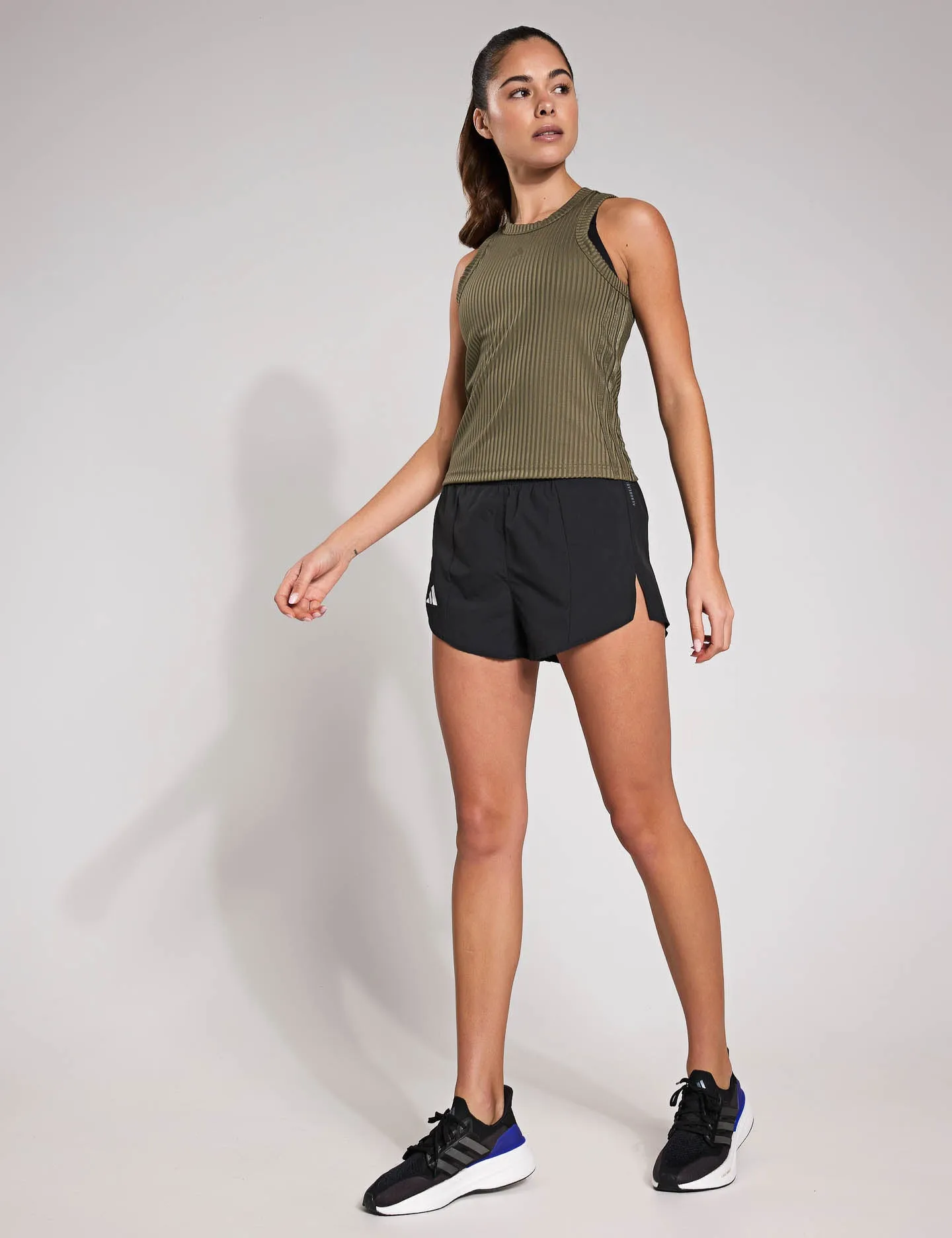 All Gym Seasonal Rib Tight Fit Tonal 3-Stripes Tank Top - Olive Strata