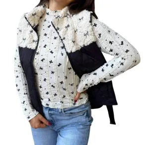 Bow Fleece Quilted Vest In Black/ivory