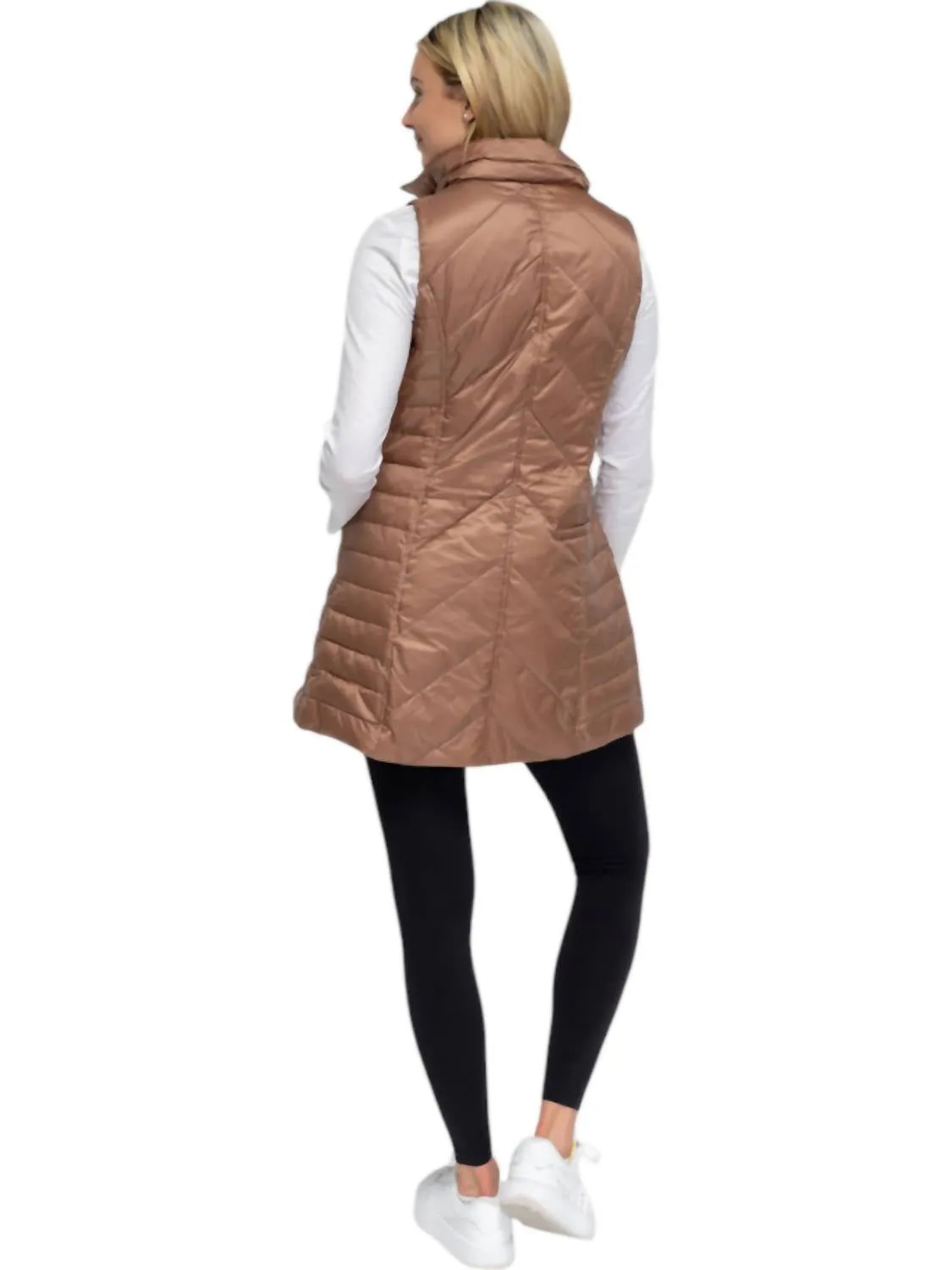 Chevron Quilted Long Vest In Taupe