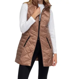 Chevron Quilted Long Vest In Taupe