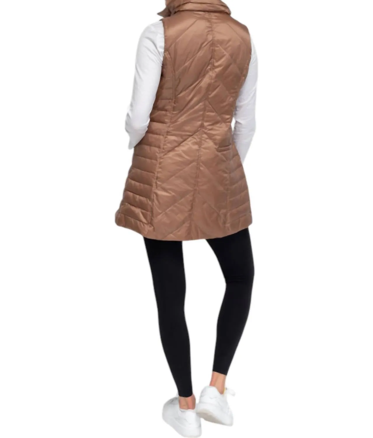 Chevron Quilted Long Vest In Taupe