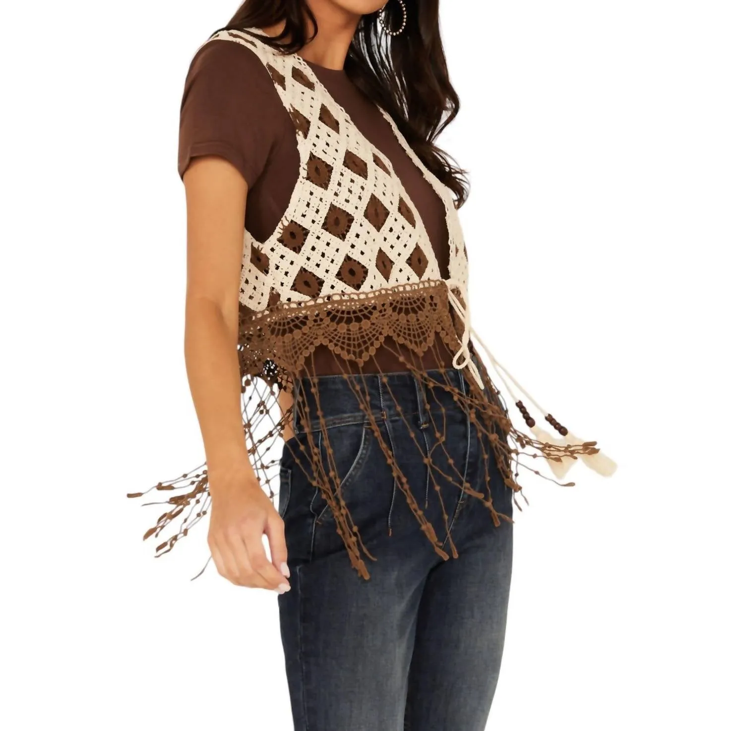 Cropped Fringe Vest In Cream