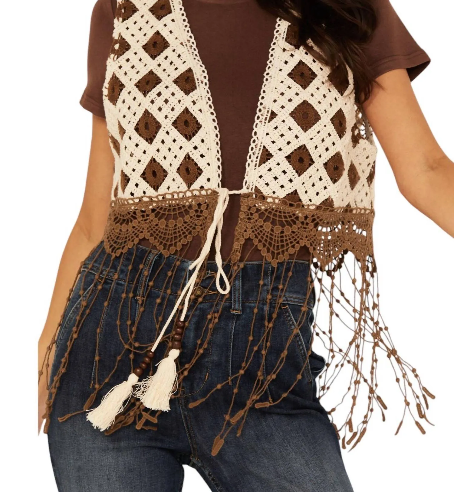 Cropped Fringe Vest In Cream