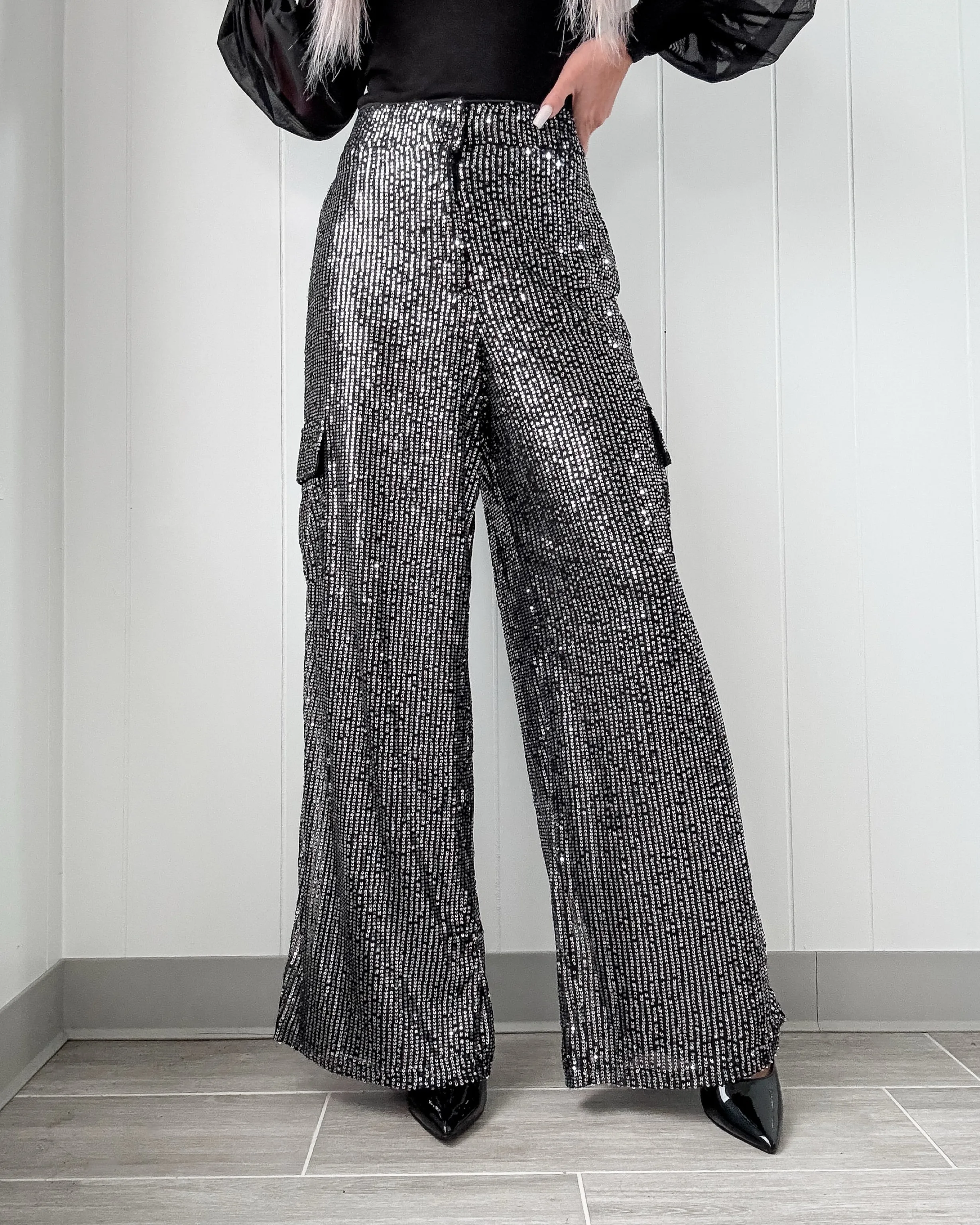 Dark Dazzle Sequin Wide Leg Pants - Silver