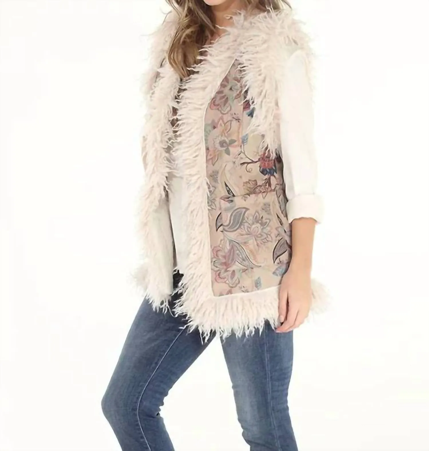 Dusty Floral Faux Suede & Faux Shearling Long Vest In Cream