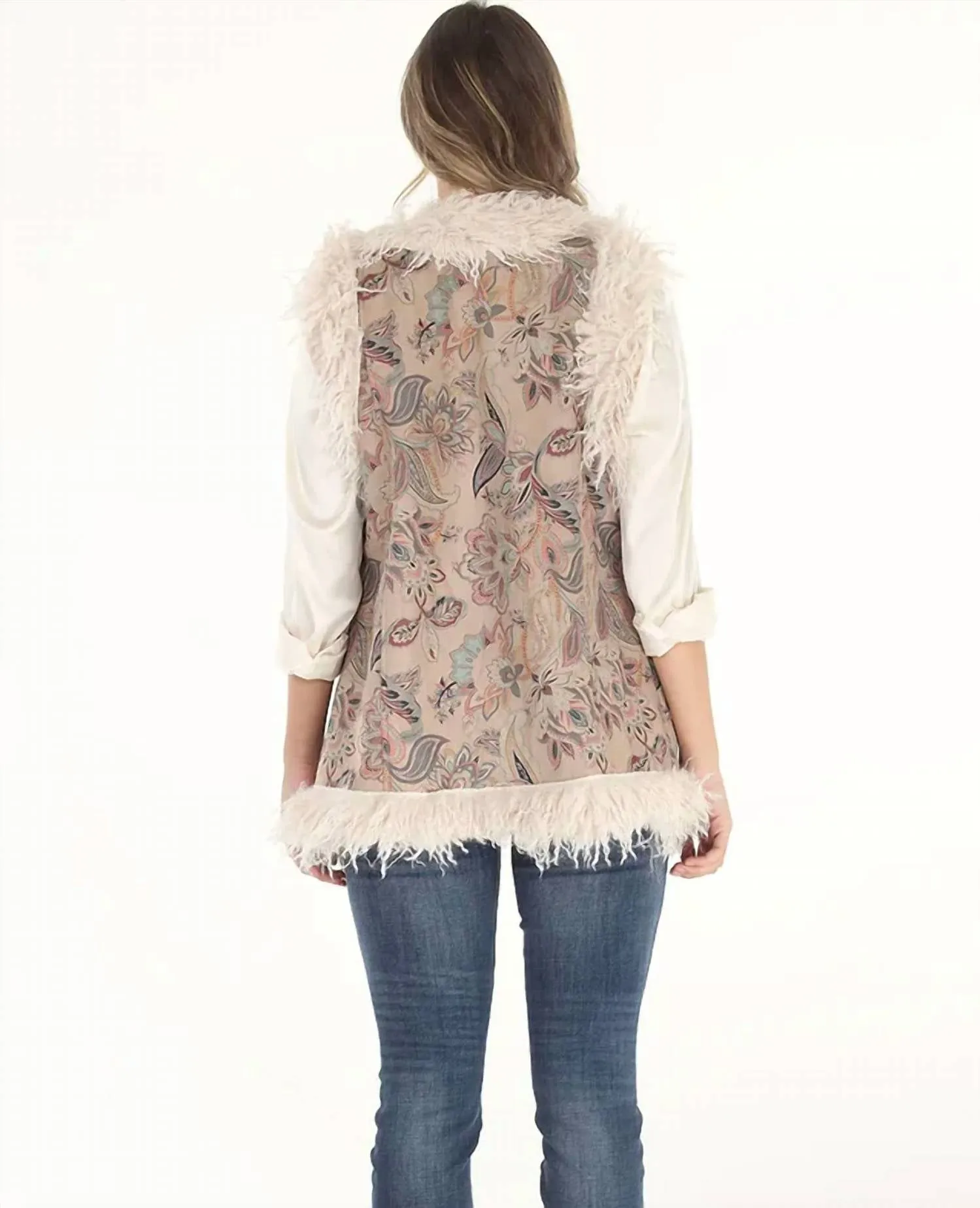 Dusty Floral Faux Suede & Faux Shearling Long Vest In Cream