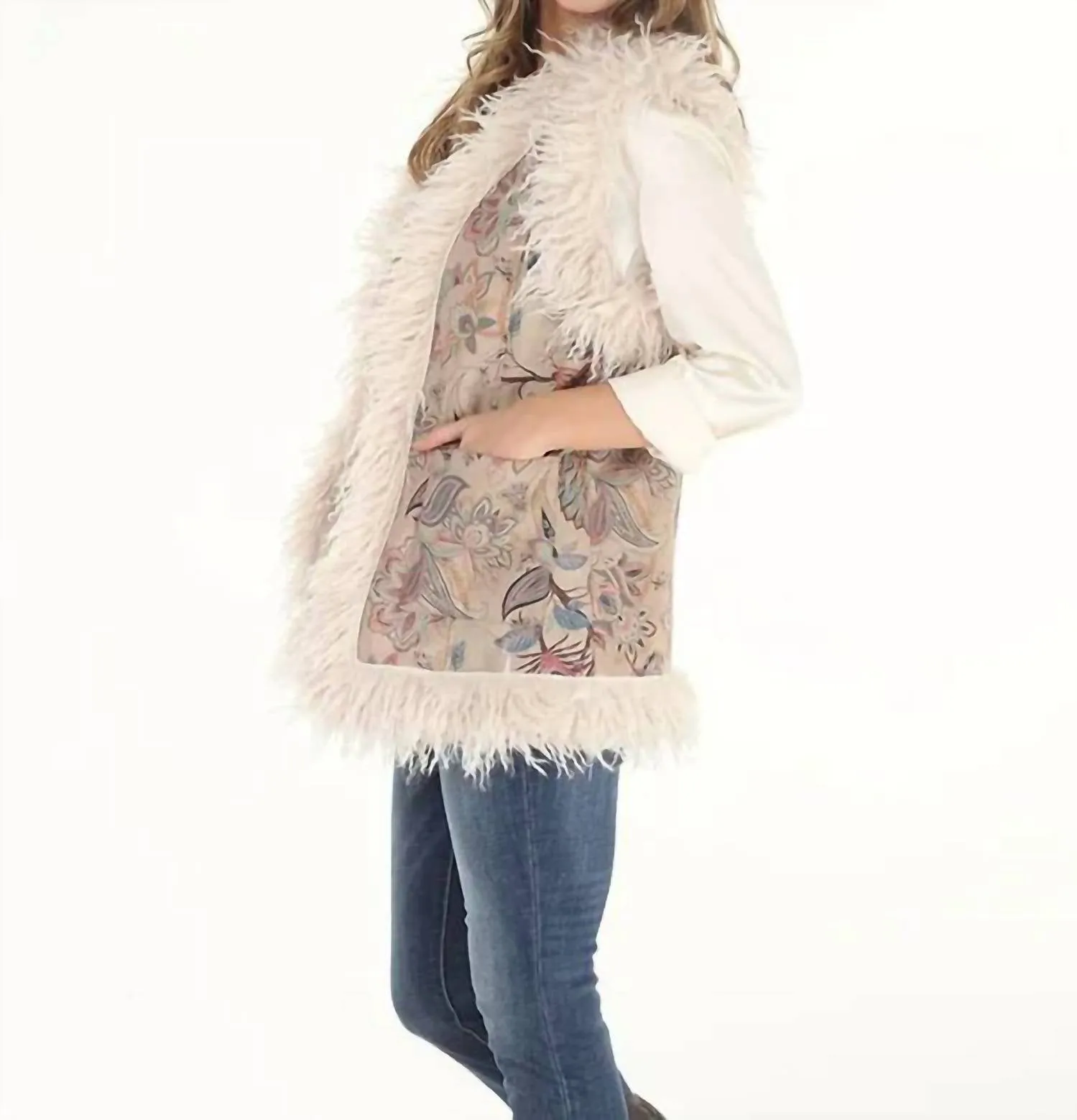 Dusty Floral Faux Suede & Faux Shearling Long Vest In Cream