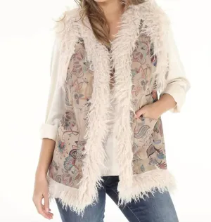 Dusty Floral Faux Suede & Faux Shearling Long Vest In Cream