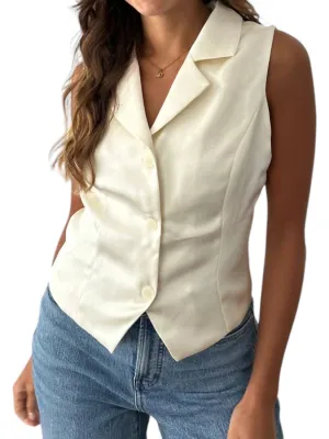 Ellie Satin Buttoned Sleeveless Vest Top In Cream