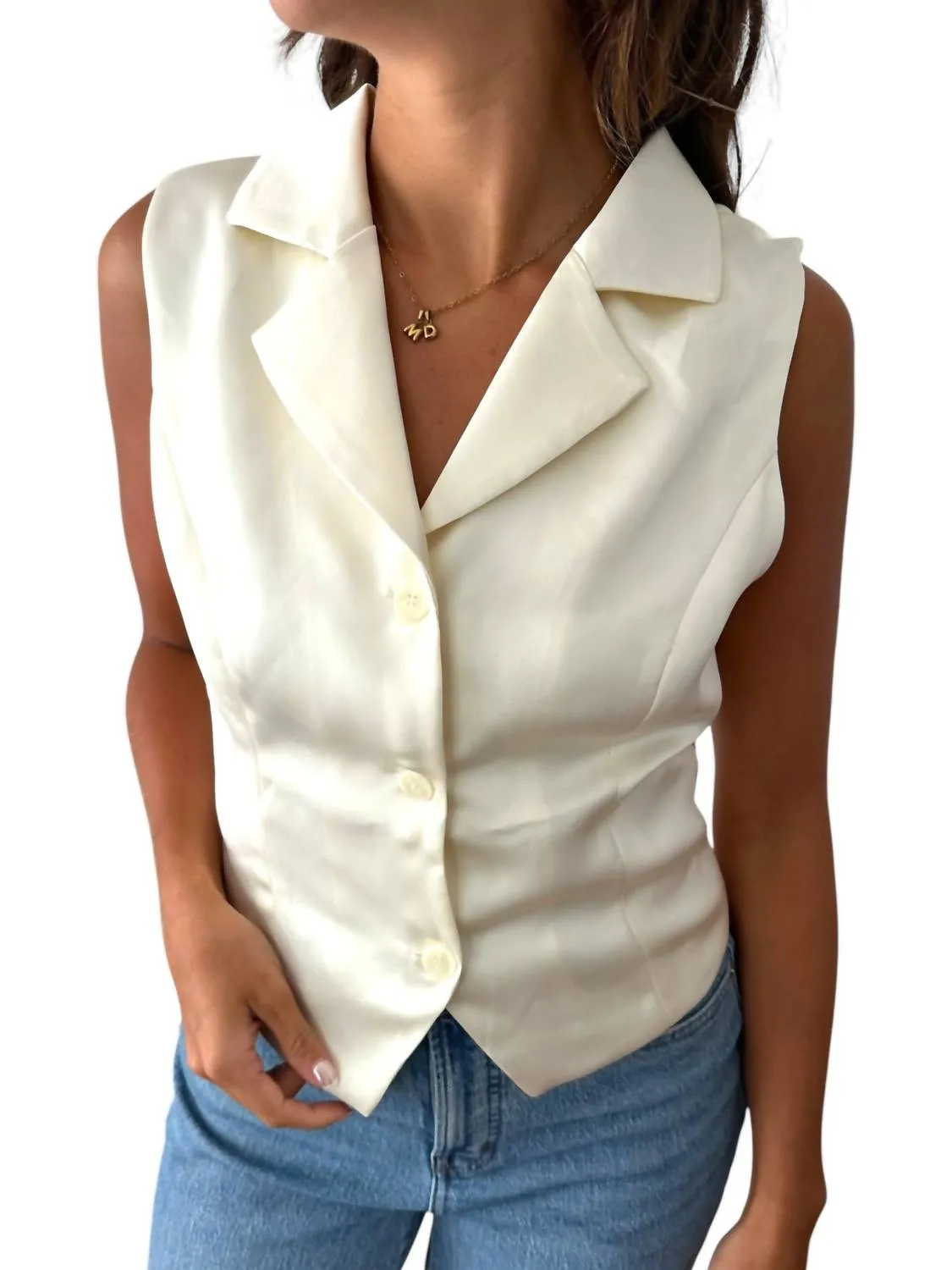 Ellie Satin Buttoned Sleeveless Vest Top In Cream