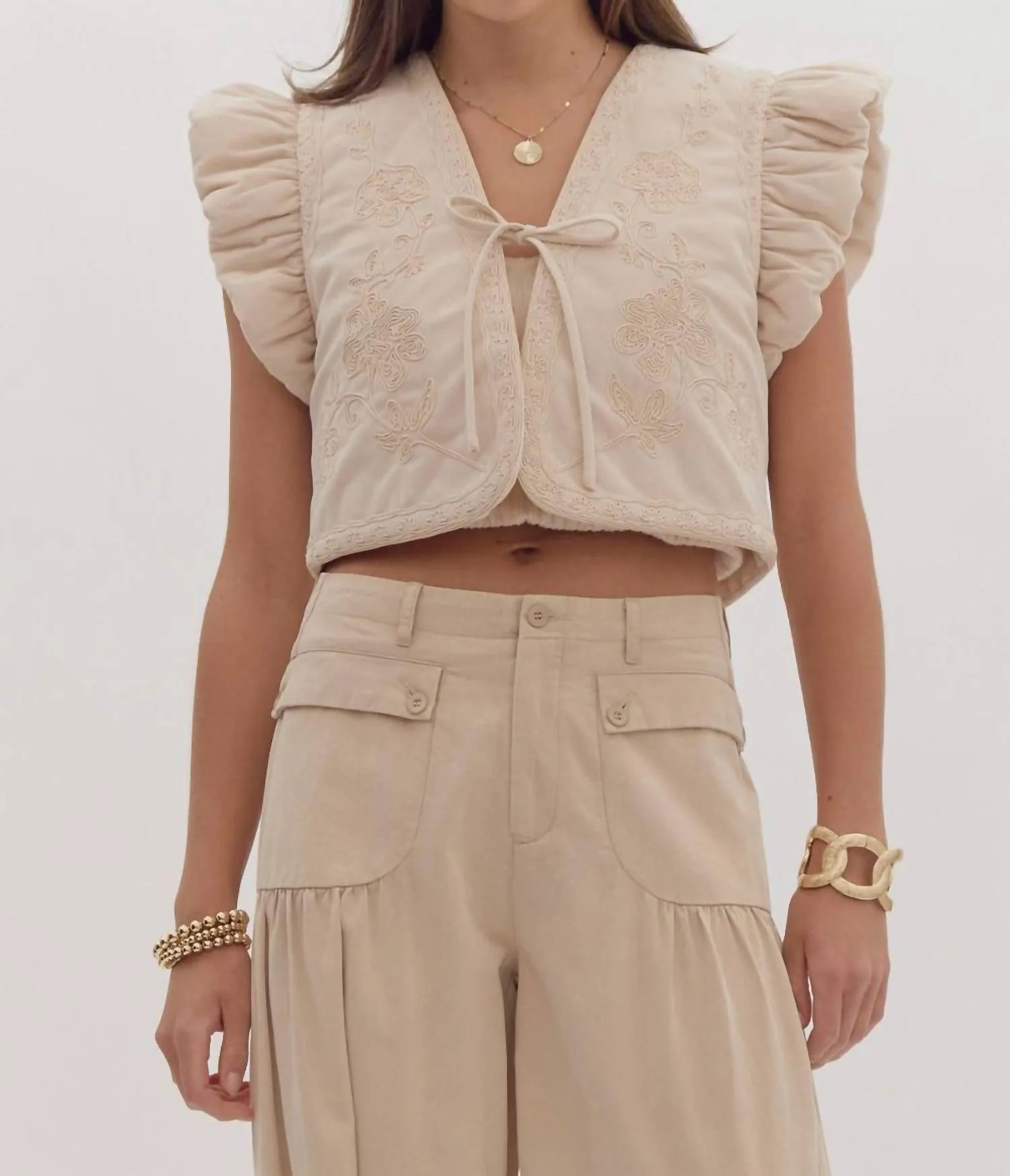 Embroidered Vest Top In Cream