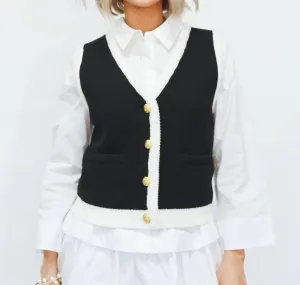 English Factory Gold Detail Knit Vest In Black/white