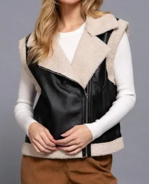 Faux Leather Inner Fur Vest In Black