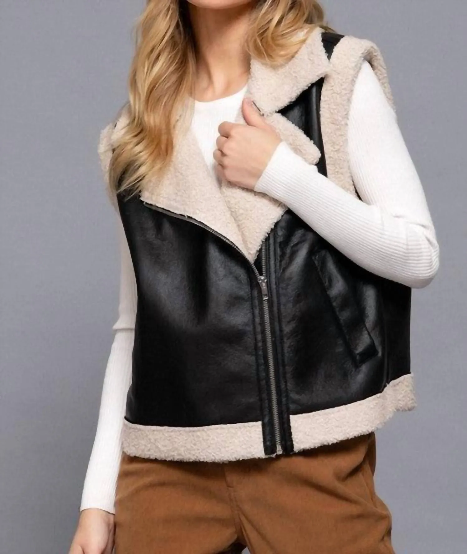 Faux Leather Inner Fur Vest In Black