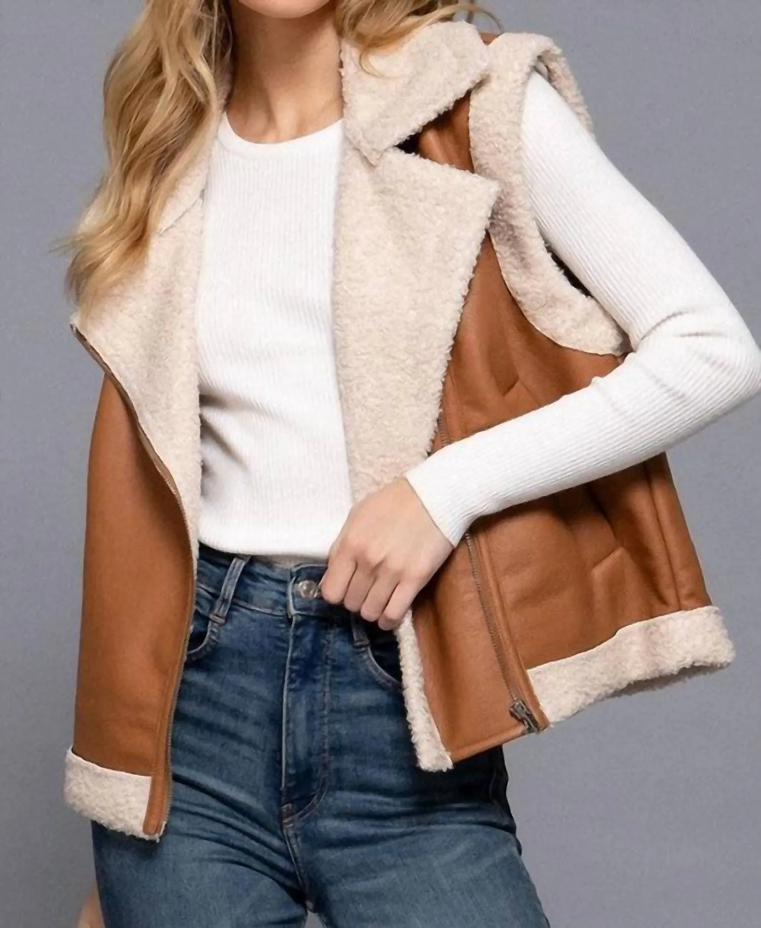 Faux Leather Inner Fur Vest In Brown