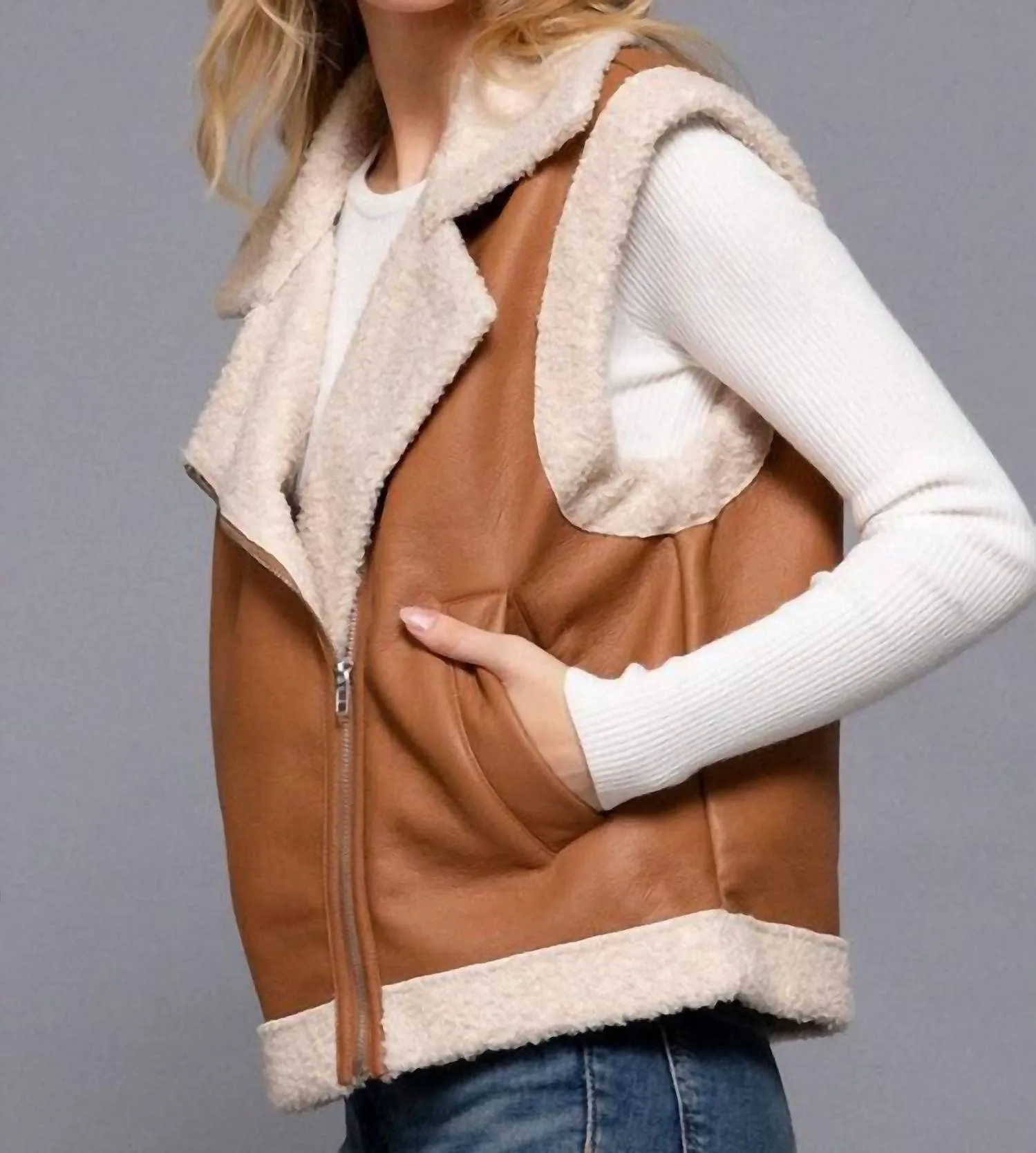 Faux Leather Inner Fur Vest In Brown
