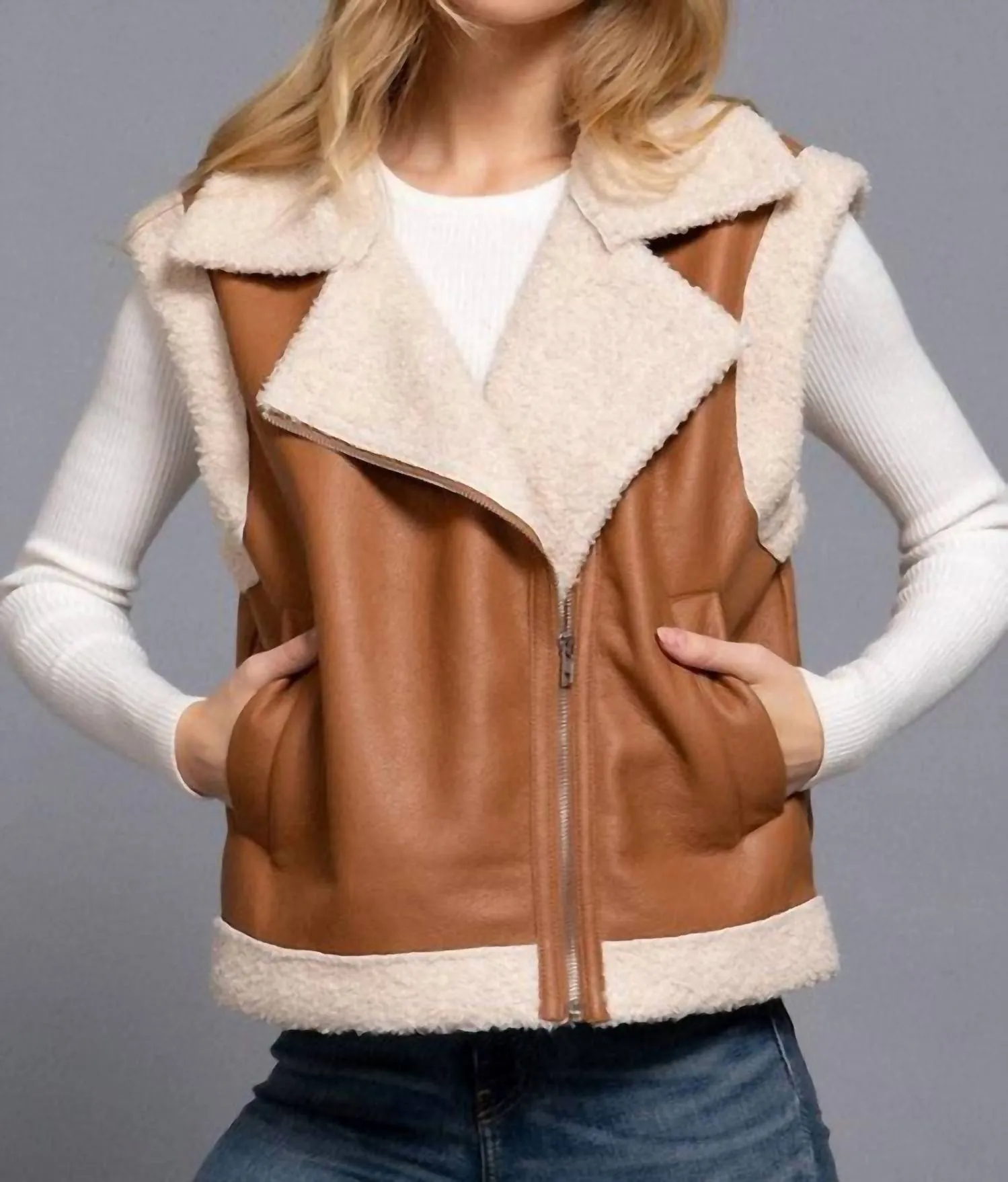 Faux Leather Inner Fur Vest In Brown