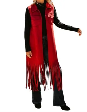 Faux Suede Long Vest In Red