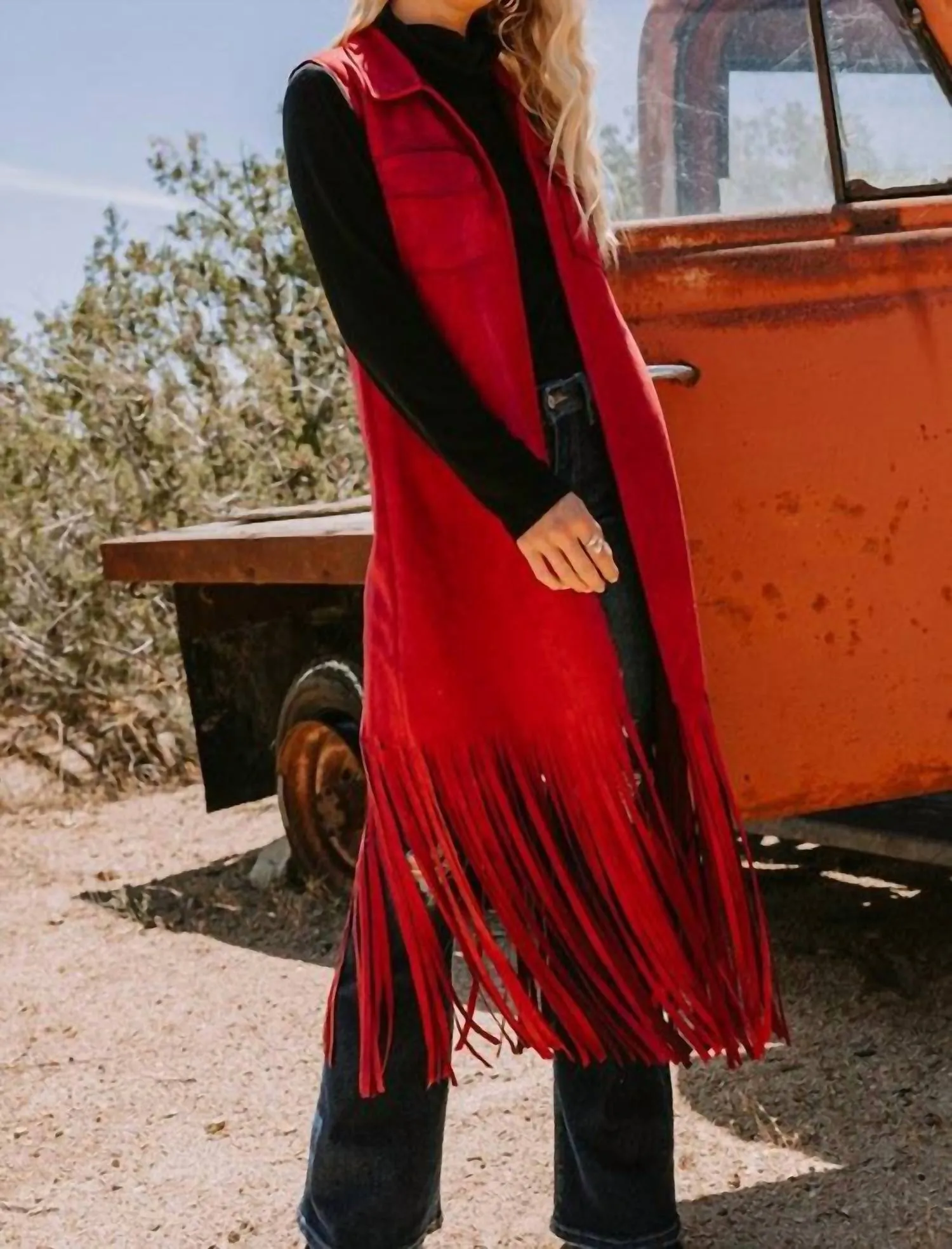 Faux Suede Long Vest In Red