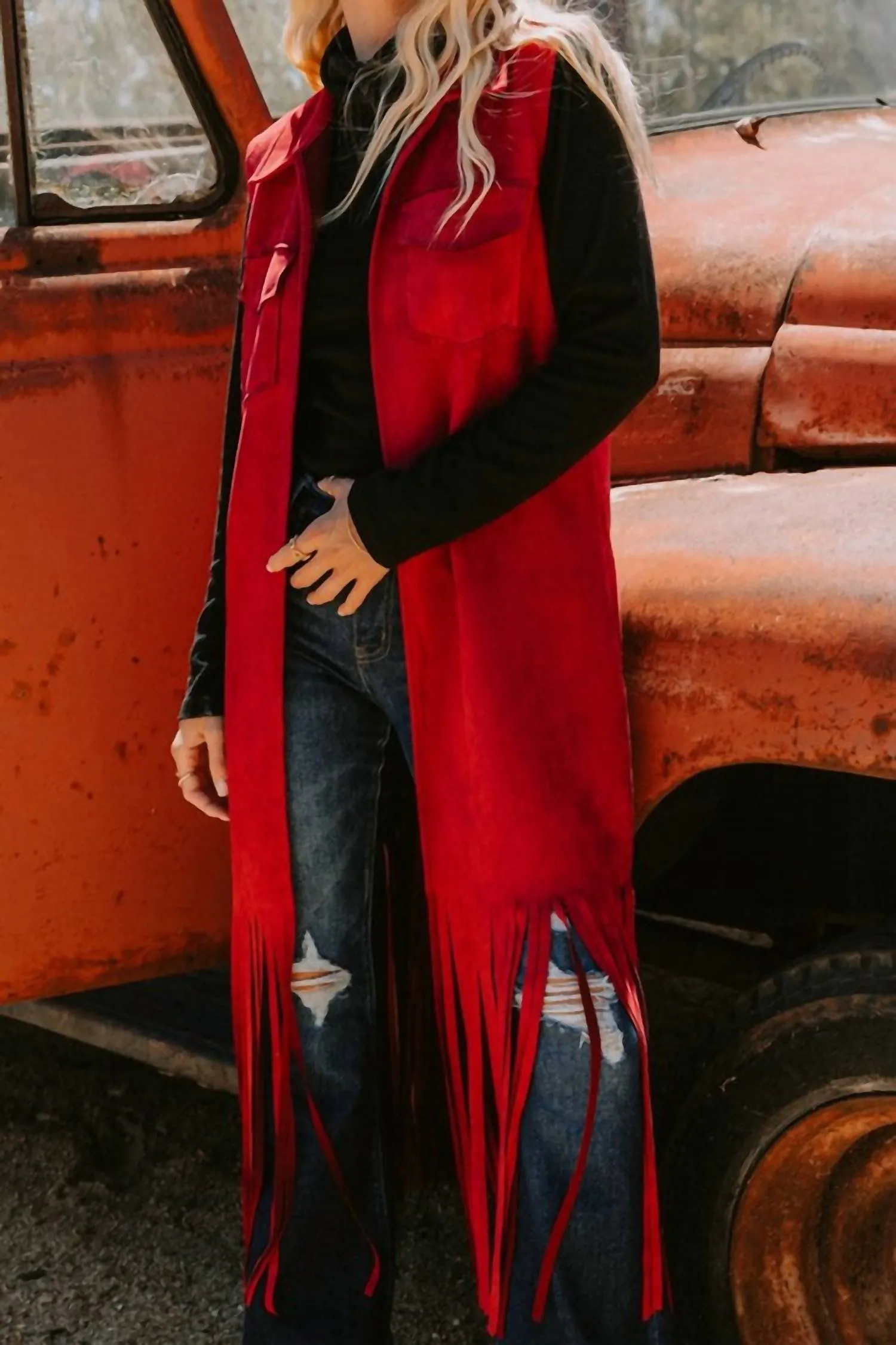 Faux Suede Long Vest In Red