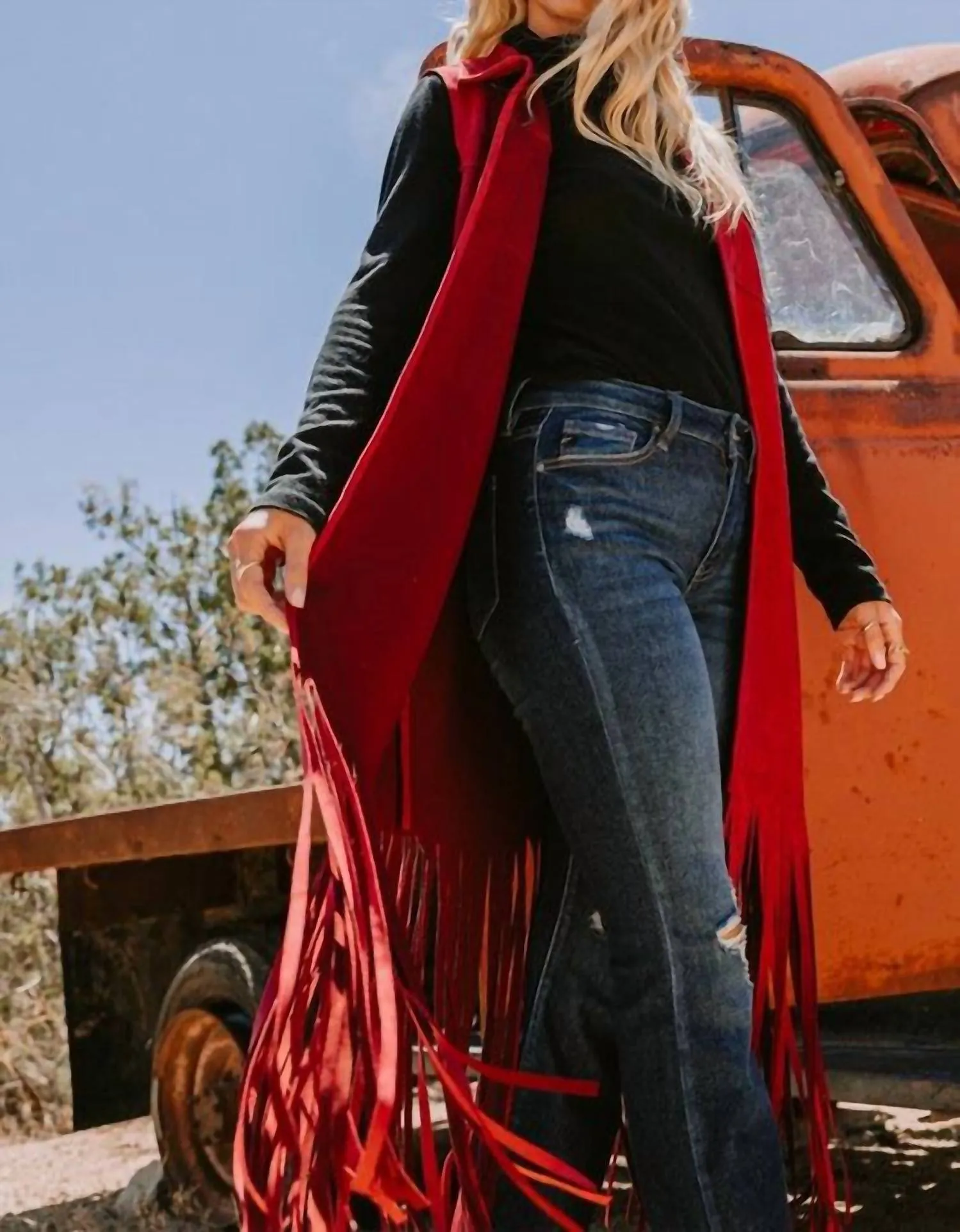 Faux Suede Long Vest In Red