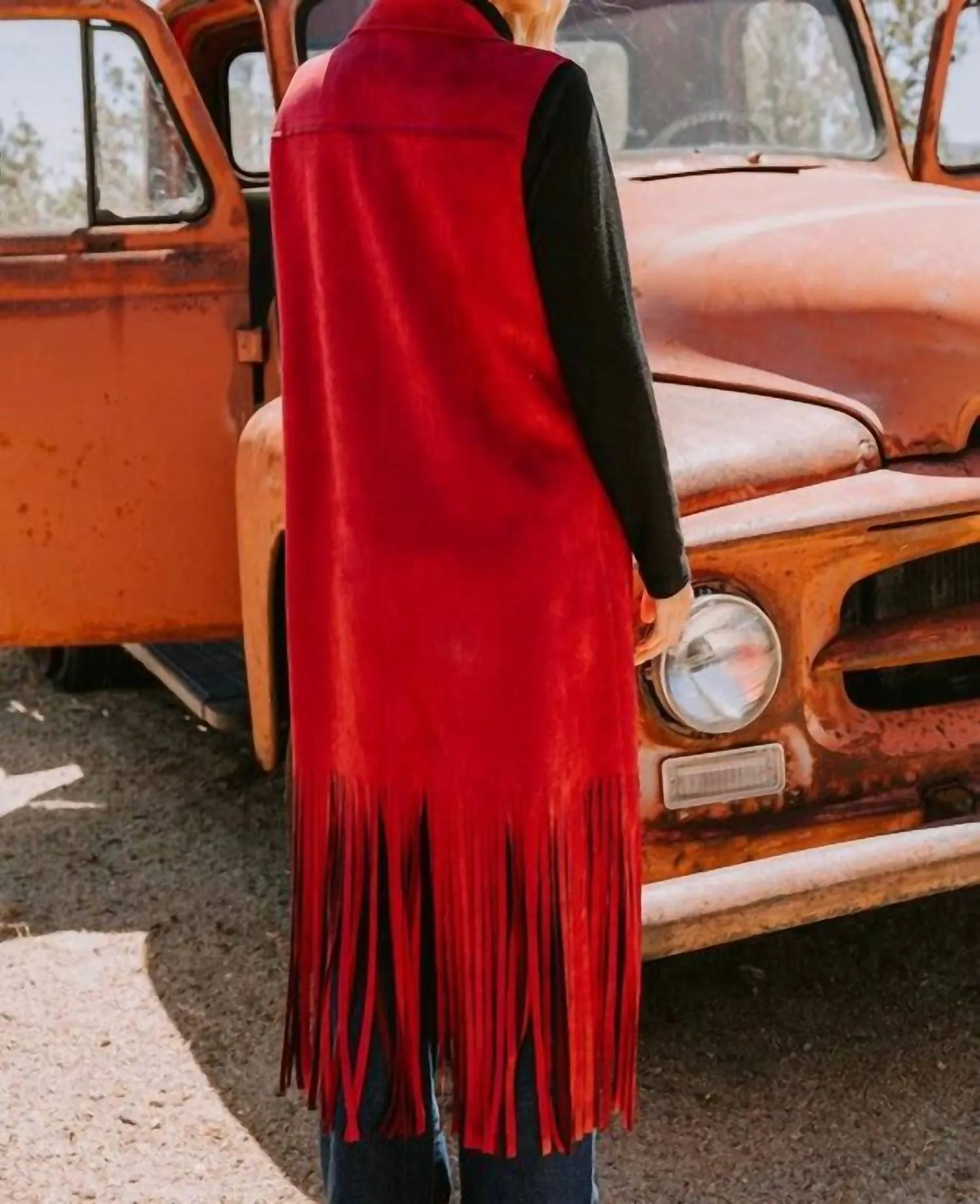 Faux Suede Long Vest In Red