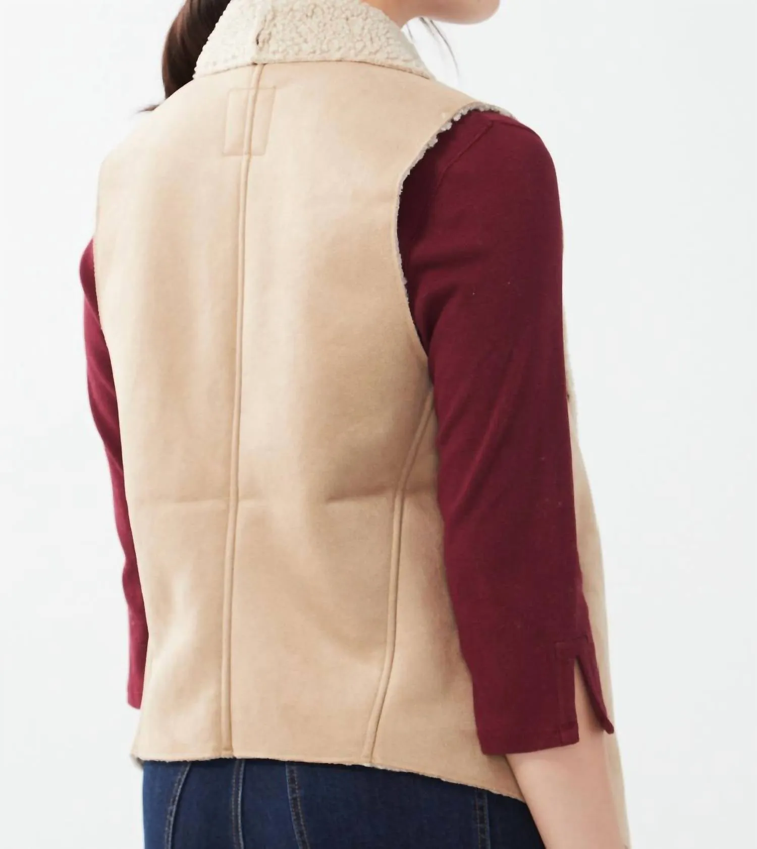 Faux Suede Sherpa Lined Vest In Tan