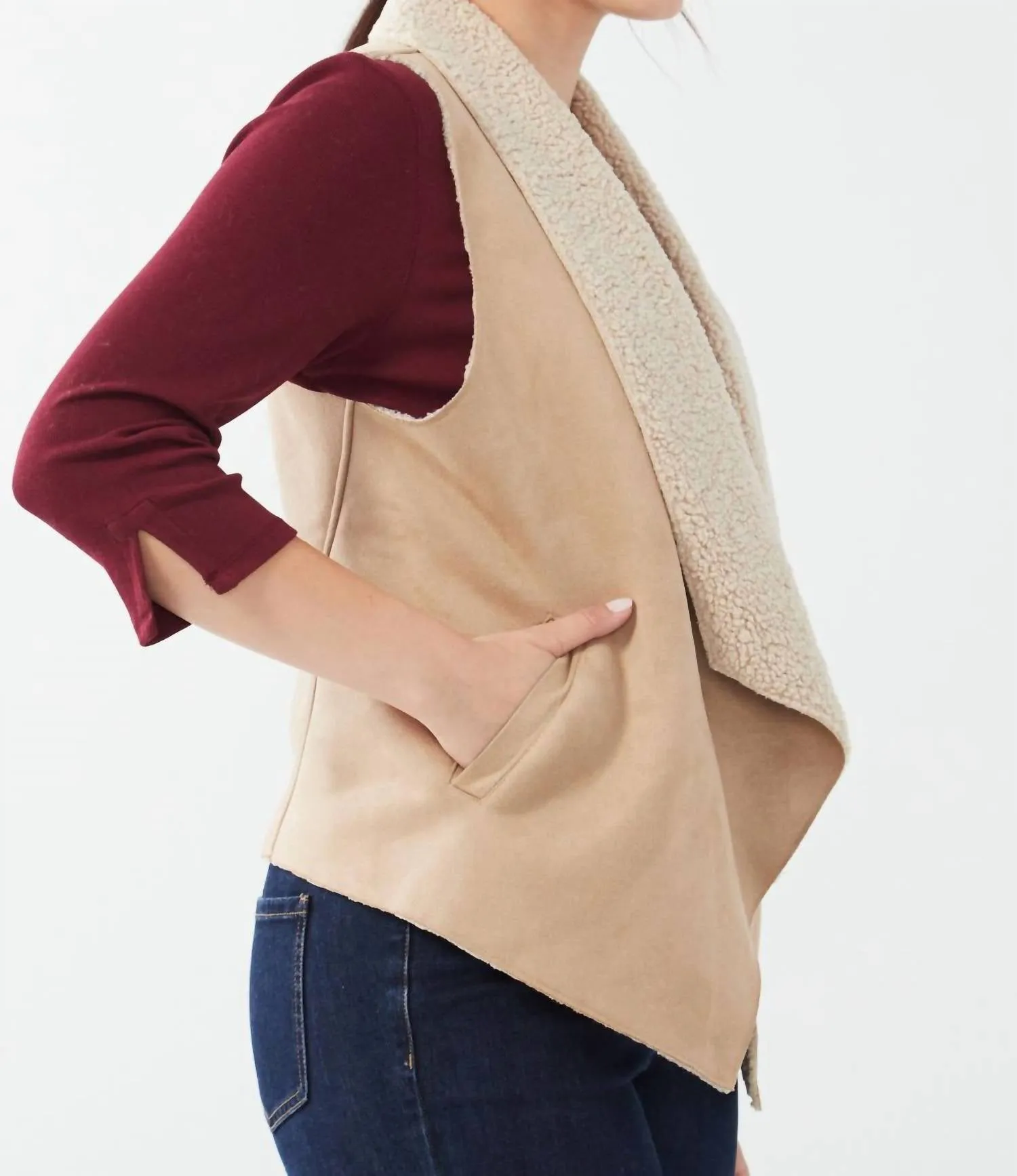 Faux Suede Sherpa Lined Vest In Tan
