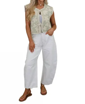 Floral Embroidered Quilted Vest In Light Sage