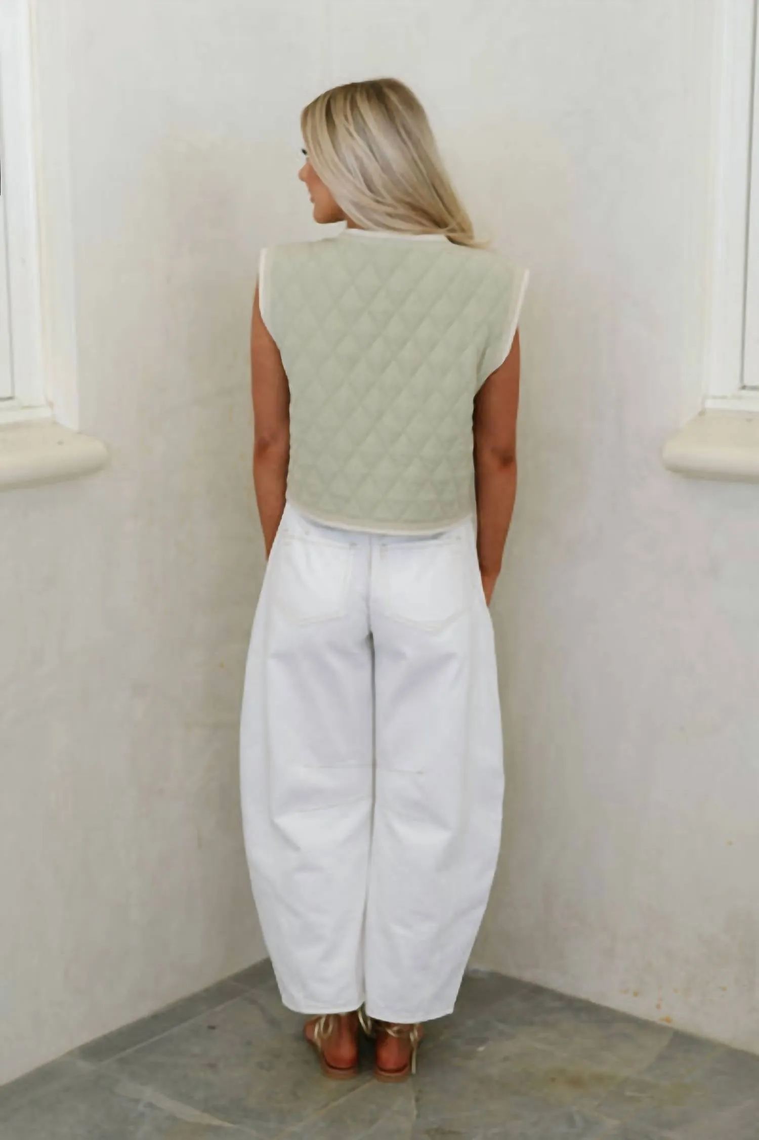 Floral Embroidered Quilted Vest In Light Sage