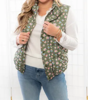 Floral Puffer Vest In Olive