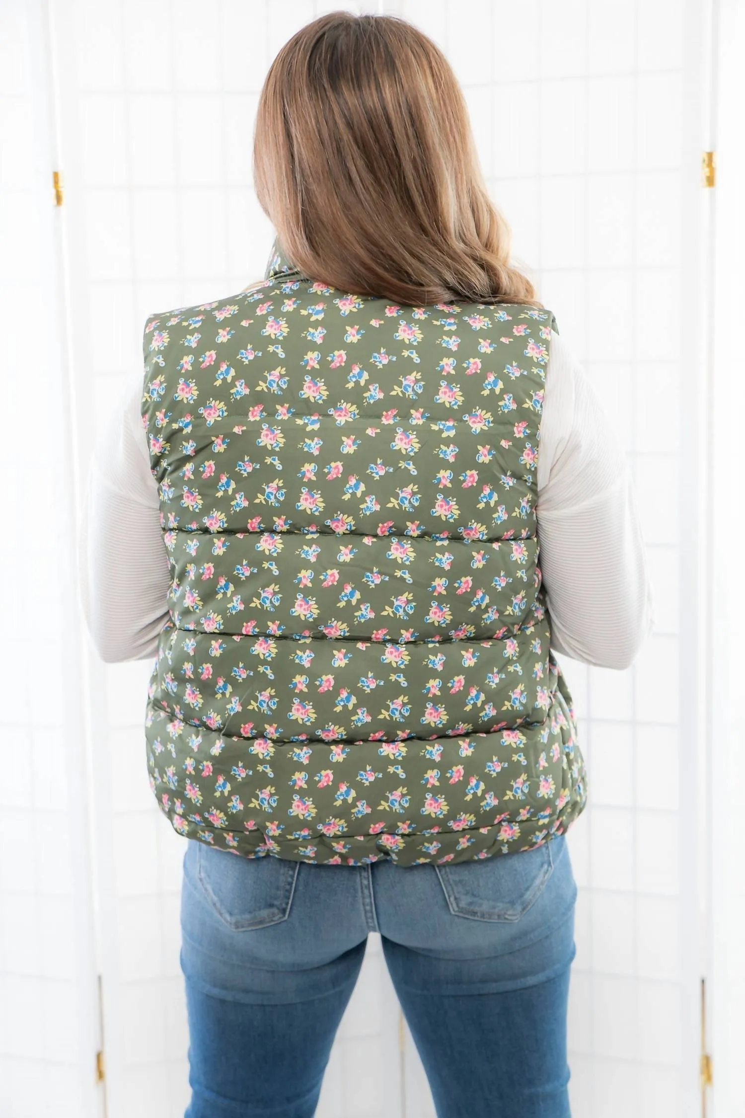 Floral Puffer Vest In Olive