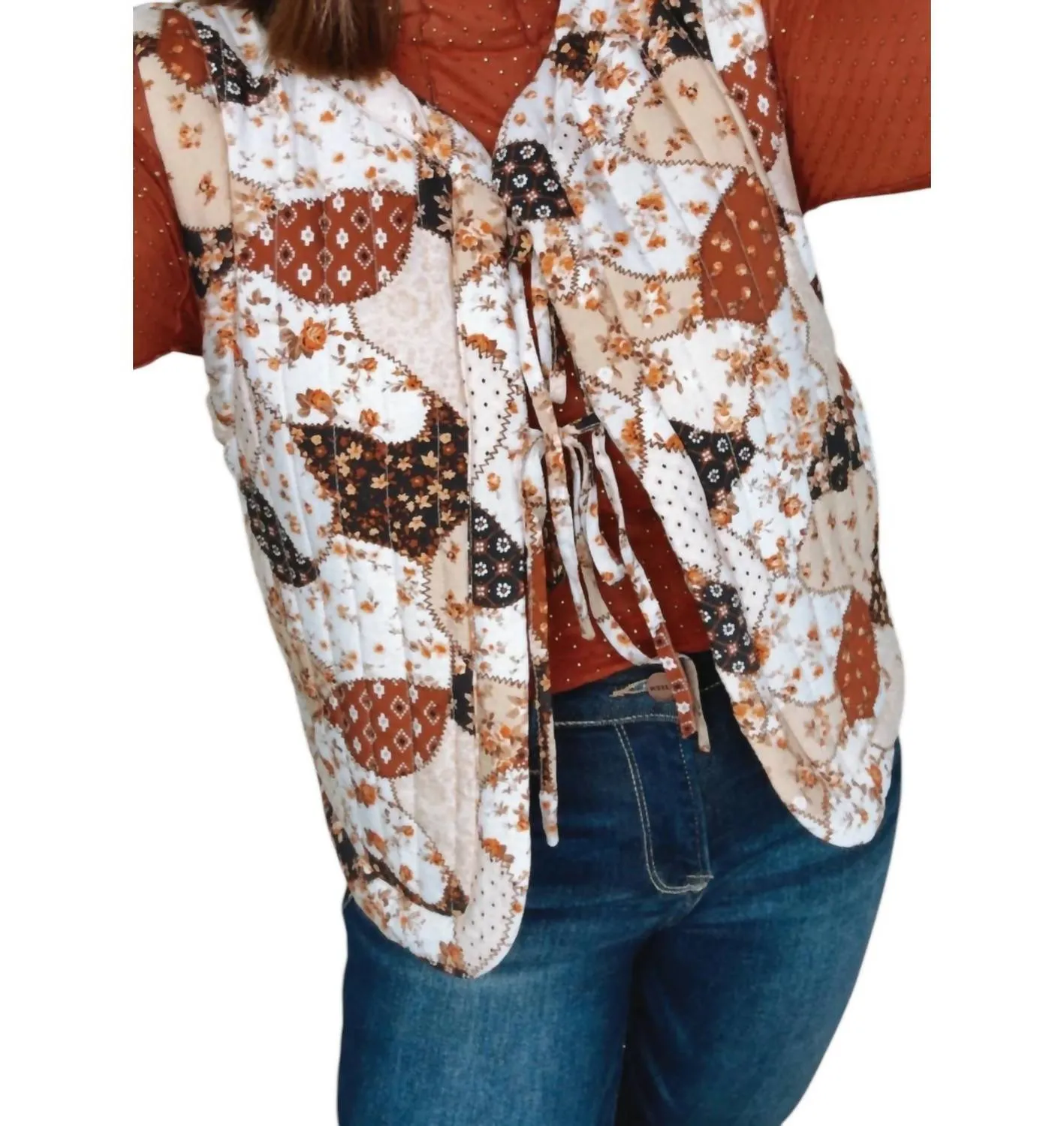Full Bloom Multi Patchwork Quilted Vest In Brown