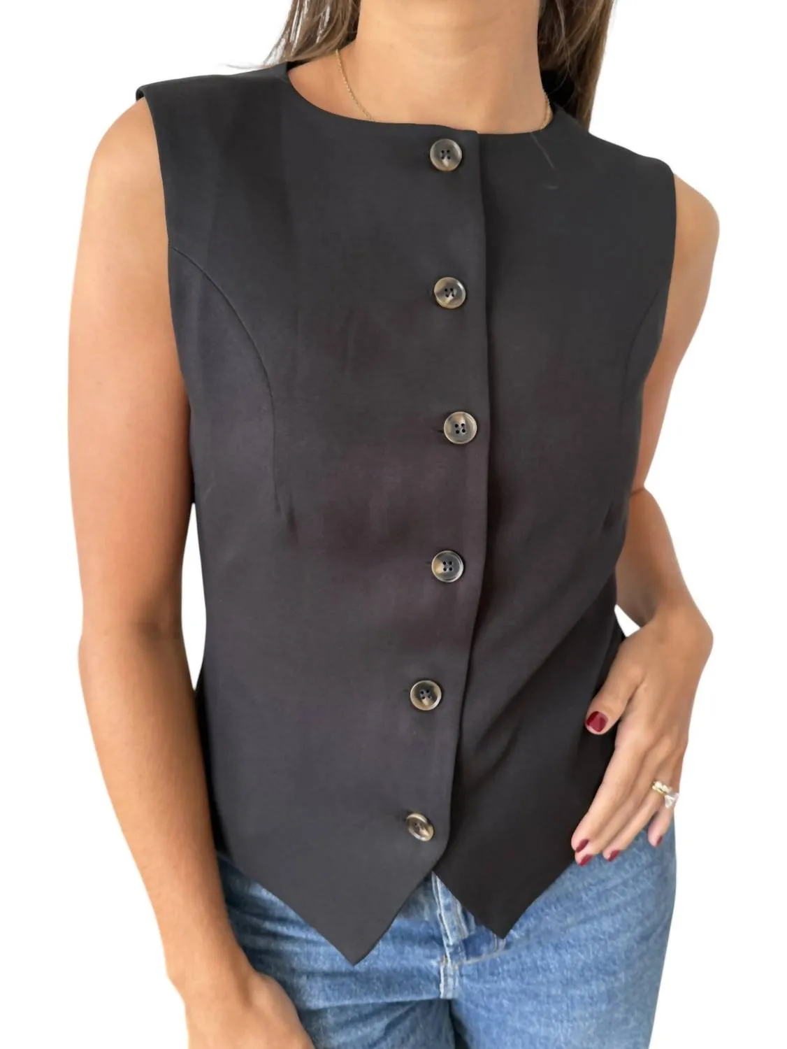 Gabriella Sleeveless Buttoned Vest Top In Black
