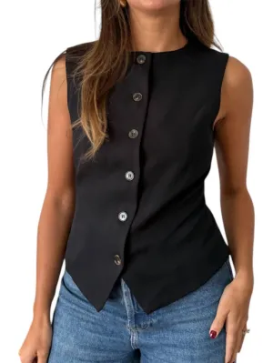 Gabriella Sleeveless Buttoned Vest Top In Black