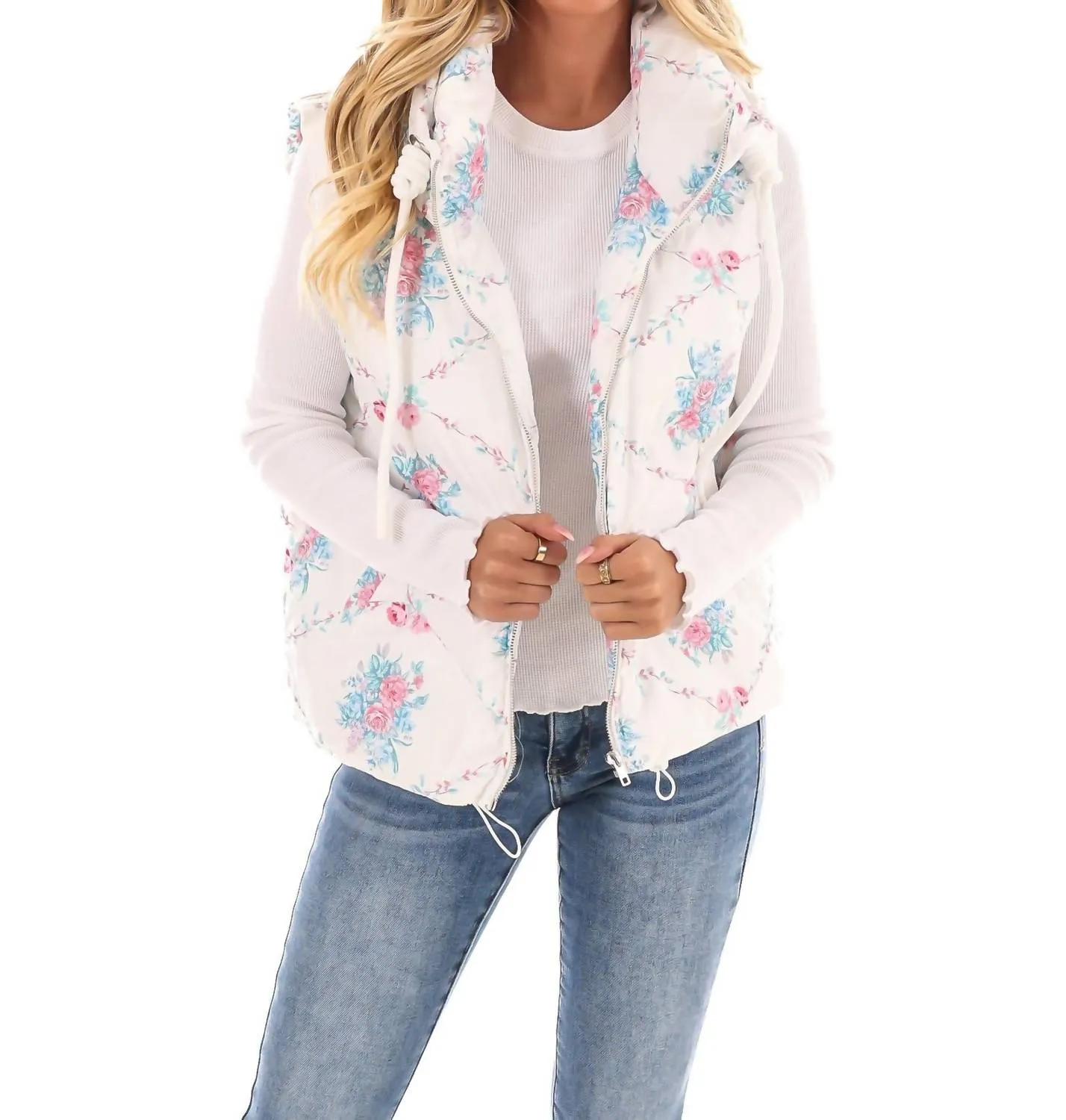 Garden Grove Floral Puffer Vest In White