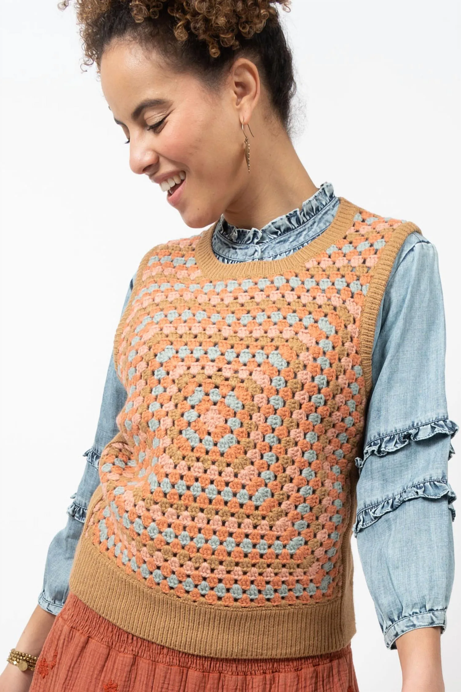 Granny Square Sweater Vest In Camel