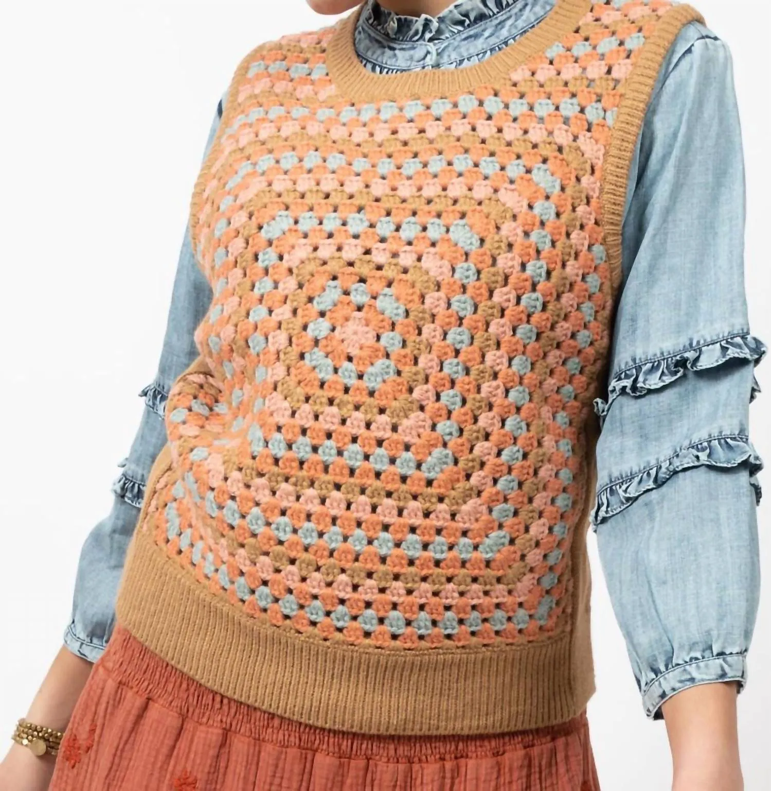 Granny Square Sweater Vest In Camel