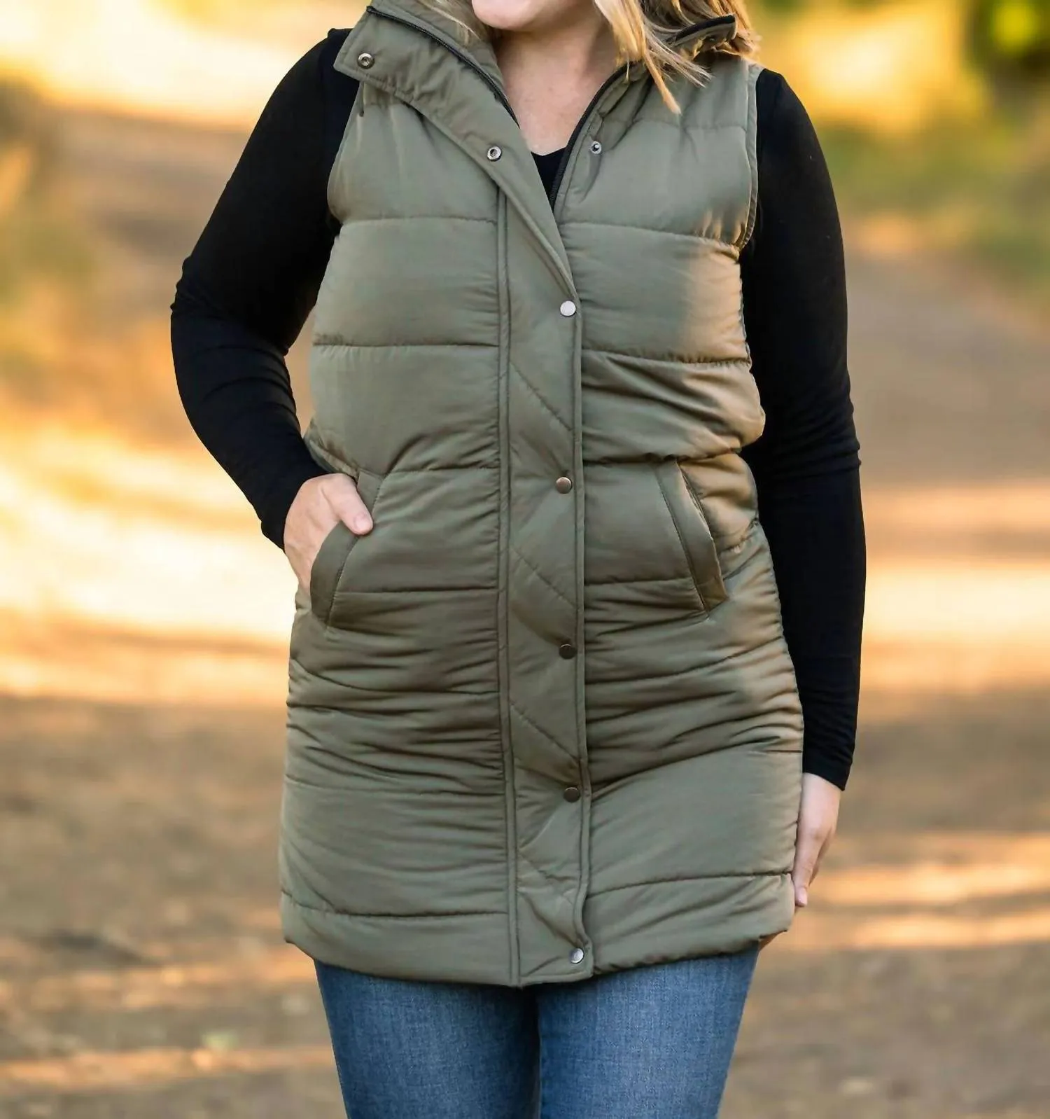 Harlow Long Vest In Olive
