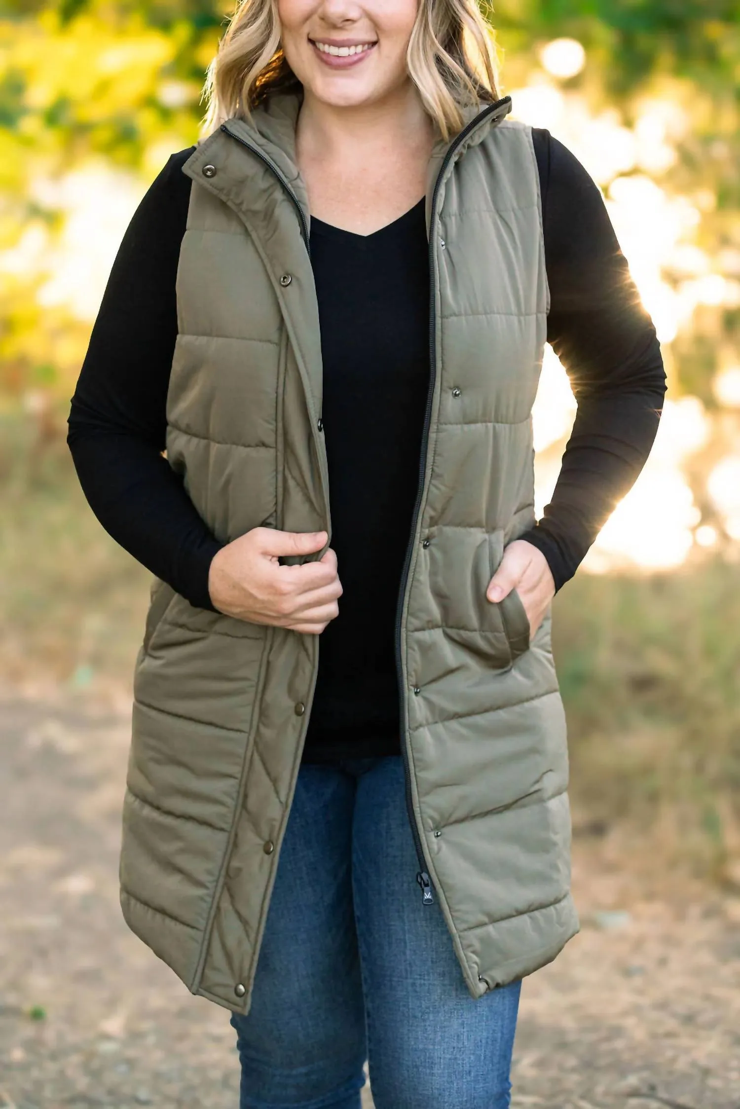 Harlow Long Vest In Olive