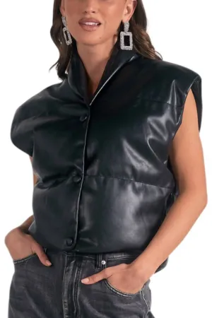 High Collar Faux Leather Vest In Black