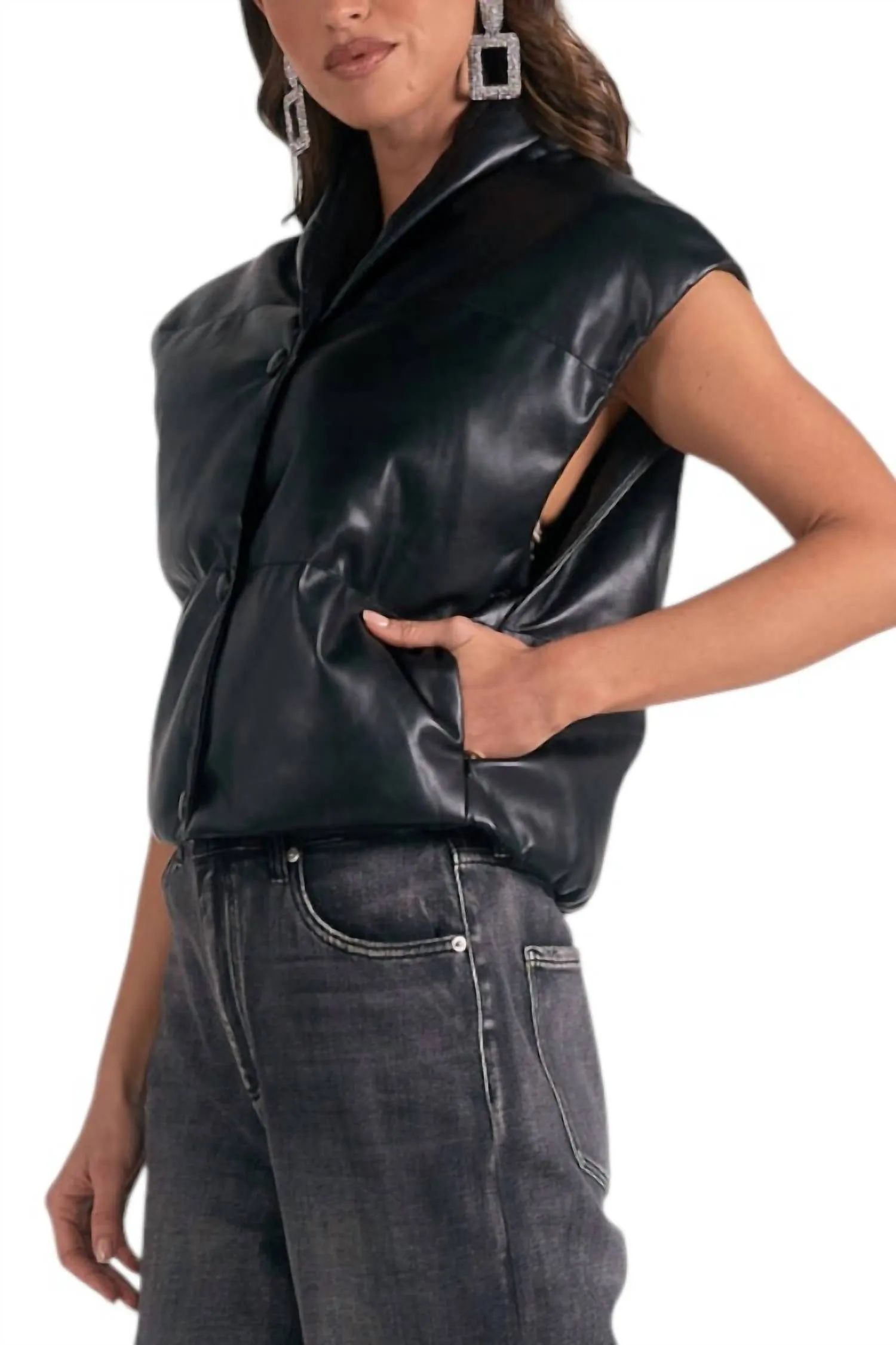 High Collar Faux Leather Vest In Black