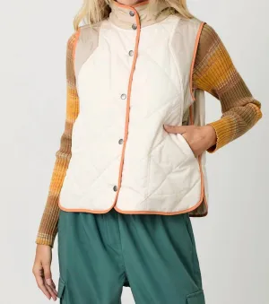Lightly Padded Spring Quilted Vest Color Blocked In Ivory With Coral Trim