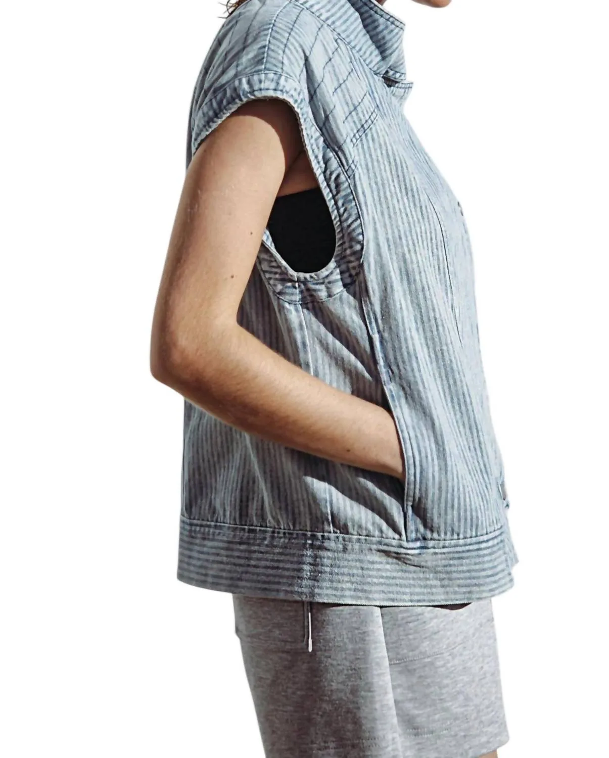 Lightweight Denim Pinstripe Vest In Blue