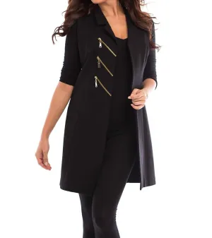 Long 3 Zipper Vest In Black
