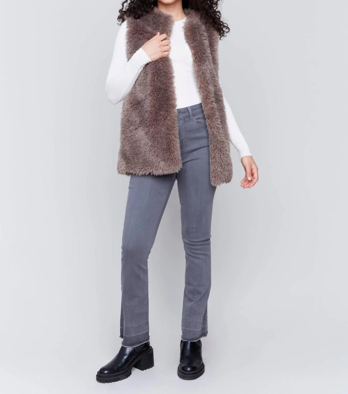 Long Faux Fur Vest In Taupe